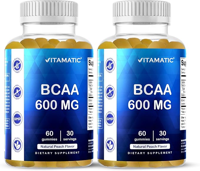 Vitamatic BCAA Gummies - Branch Chain Amino Acid Supplements - Peach Flavor - 600mg per Serving - 60 Vegan Pectin Based Gummies (2 Bottles)
