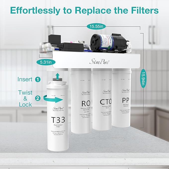 SimPure T1-100 Reverse Osmosis Water Filter, Near 0 TDS Reverse Osmosis System 7 Stage, NSF/ANSI 58 Certified, Under Sink RO Water Filtration System 100 GPD with Tank, Build in Pump, BPA Free