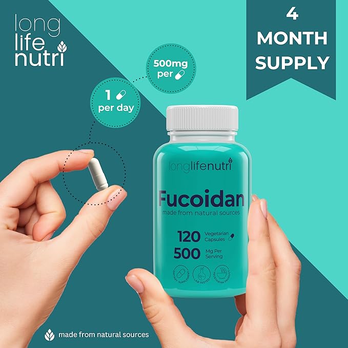Fucoidan 500mg – Brown Seaweed Extract Supplement from a Natural Source of Fucoidan & Fucoxanthin | 120 Vegetarian Capsules for Energy & Wellness | Made in USA, GMP Certified
