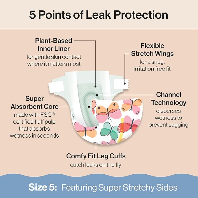 The Honest Company Clean Conscious Diapers for Delicate Skin | Up to 100% Leakproof | Hypoallergenic, Fragrance Free | Girl Prints | Super Club Box, Size 5 (27+ lbs), 84 Count (Prints May Vary)