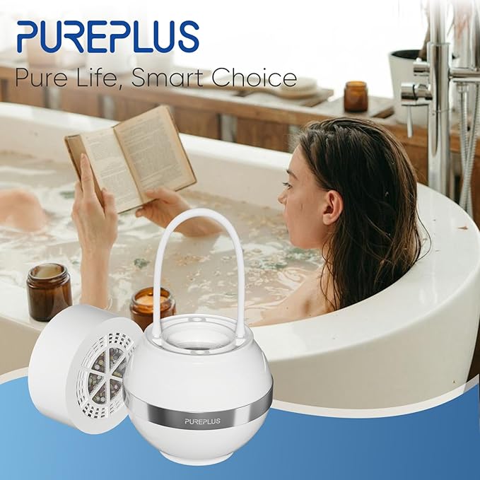 PUREPLUS Bathtub Bath Water Filter for Tub with 1 Extra Replacement Filter,8 Stages Kinder Filter,2500 Gallons Filtration,Remove Contaminants,Softer Skin & Hair,Reduce Chlorine & Heavy Metals,BPA Free