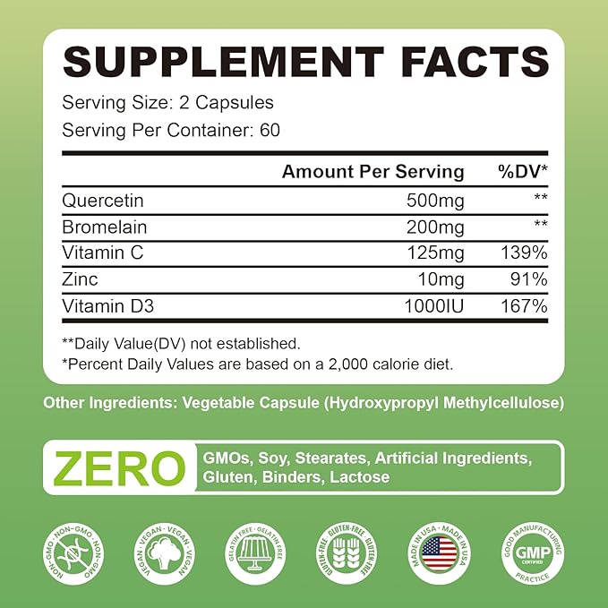 Quercetin with Bromelain Supplement for Men & Women - 120 Capsules for Immune Support Supplement, Blend with Vitamin C & Vitamin D3 & Zinc, Quercetin 500mg Capsules - Gluten Free, Vegan & Non-GMO