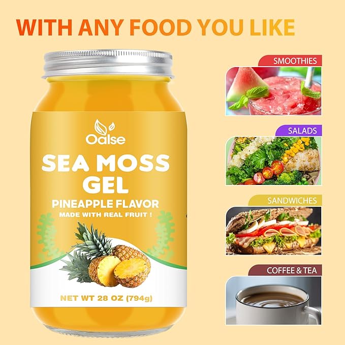 Sea Moss Gel - Raw Nutritious Irish Sea Moss Gel Rich in 102 Vitamins and Minerals, Proteins & Vitamins, Vegan-Friendly 28OZ Pineapple Flavor