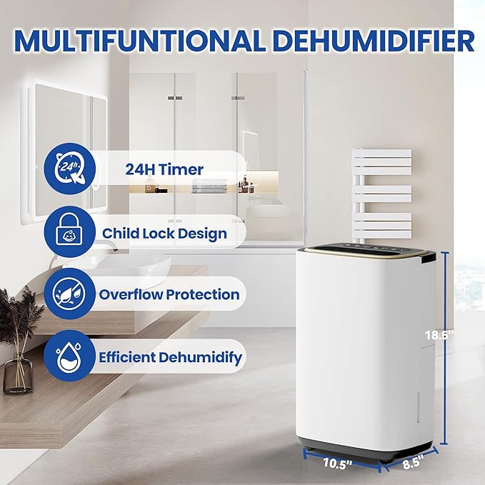 2500 Sq.Ft Dehumidifier for Basement with Drain Hose, 30 Pint Large Best Compressor Dehumidifiers for Home or Garage, Continuous Dehumidifying Features Humidity Display, 24H Timer and Child Lock