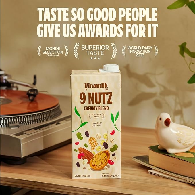Vinamilk 9 Nutz Creamy Blend | Pack 6 | Oat Almond Walnut + Whole Soy Beans, Plant Based Milk, 33.8 Fl Oz Each, Light Sweet, Shelf Stable - Lactose Free, Dairy Free, Glyphosate Free