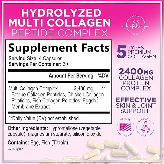Multi Collagen Peptides Supplement - Hydrolyzed Types I, II, III, V & X Multi Collagen Pills, Hydrolyzed Collagen Peptides Supplements, Hair, Skin, Nail, and Joint Support Supplement, 120 Capsules