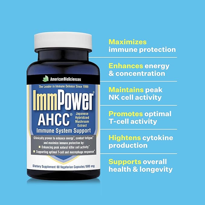 ImmPower AHCC Herbal Mushroom Supplement, 500mg per Capsule for Immune Support, Maintains Natural Killer Cell Activity, Pack of 1, 60 Veggie Capsules