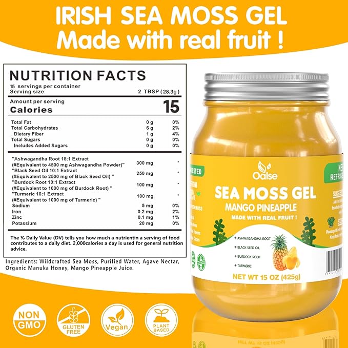 Wildcrafted Irish Sea Moss Gel - Natural Seamoss Gel with Ashwagandha Root, Burdock Root,Turmeric - Non-GMO, Gluten-Free, Vegan