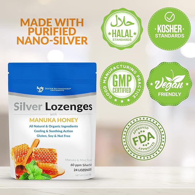 Silver Lozenges with Organic Manuka Honey and Vitamin C - All-Natural Nano Silver 45-50mcg of 60 PPM Colloidal Silver Mineral Drops to Support Immune System, Soothe, Cool Cough & Throat, 24-Lozenges