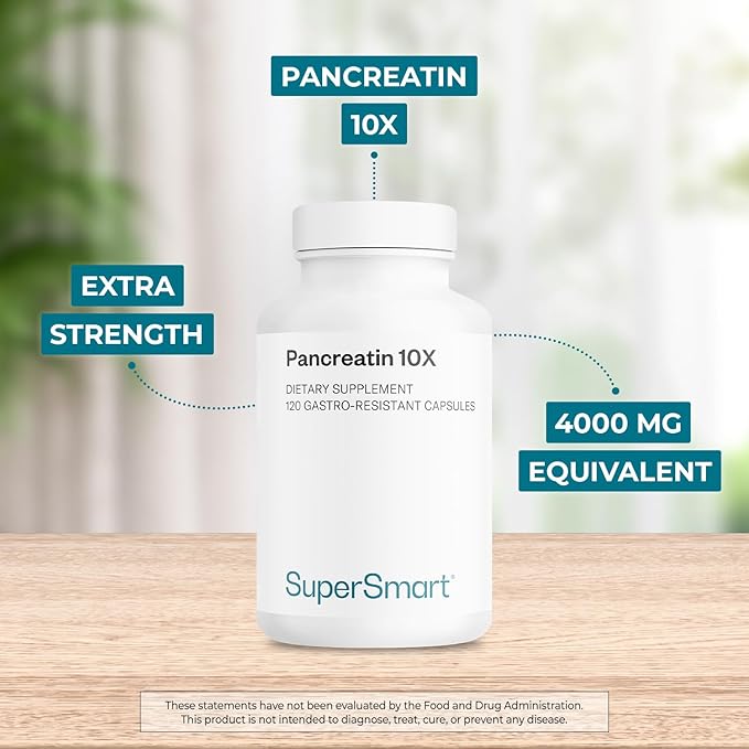 Supersmart - Pancreatin 10X 4000 per Day (Extra Strength) - Digestive Enzymes Supplement - with Protease, Lipase, Amylase, Trypsin - Healthy Digestion Support | Non-GMO & Gluten Free - 120 DR Capsules