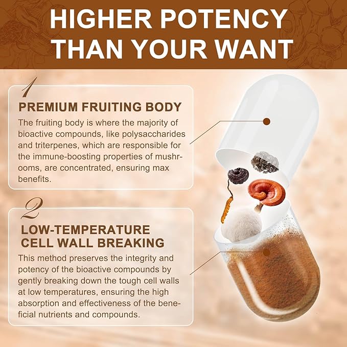 Mushroom Supplement, Mushroom Complex with Lion's Mane, Turkey Tail, Reishi, Cordyceps, Shiitake, 14-in-1 Mushrooms for Memory and Focus, 120 Capsules