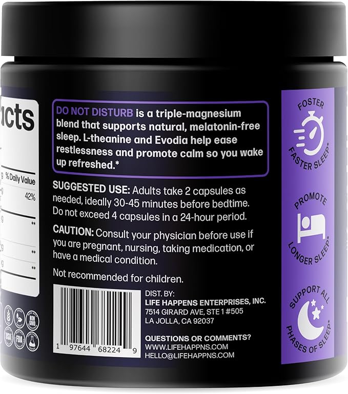 Life Happns Do Not Disturb Sleep Aid for Adults Natural Supplement with L-Theanine, Magnesium, Passion Flower & Evodia Fruit for Restorative Sleep Melatonin-Free, Non Habit-Forming, 60 Capsules