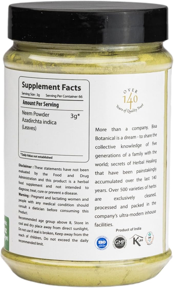 bixa BOTANICAL Neem Leaf Powder | Azadirachta Indica | 200 Grams / 7 OZ | Ayurvedic Anti Allergic Herbal Supplement | Gluten Free, Non-GMO, Steam Treated, Vegan.