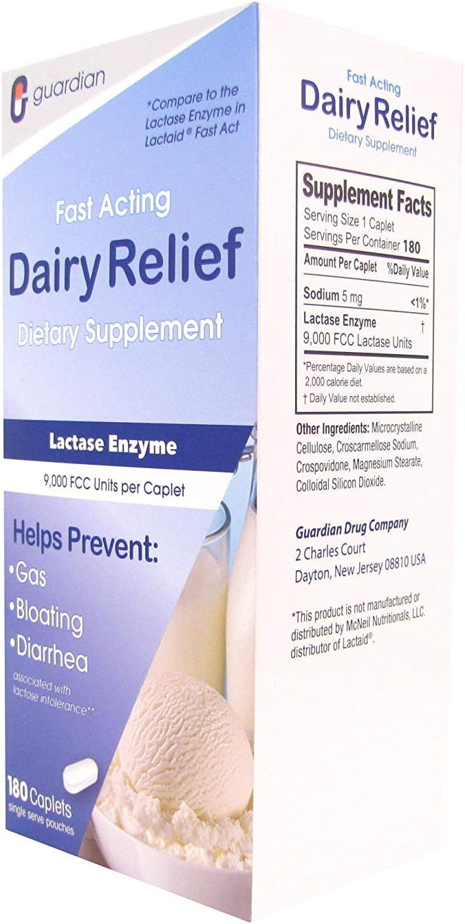 Guardian Dairy Relief Fast Acting Lactase, 180 Caplets, 9000 FCC Maximum Strength, Lactose Intolerance Pills, Lactase Enzyme (180 CT)
