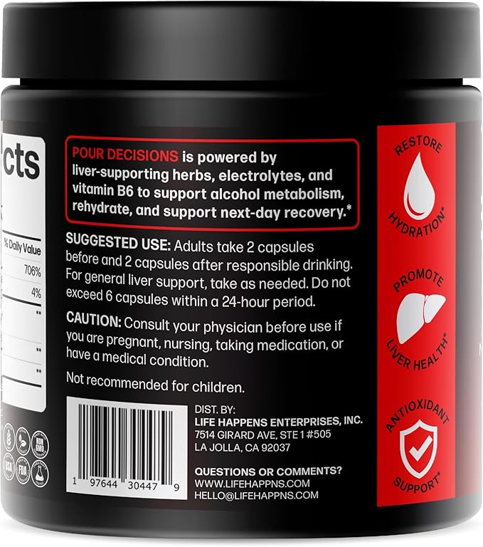 Life Happns Pour Decisions Liver Health Supplement with Milk Thistle, Vitamin B6, Electrolytes - Supports Hydration and Recovery, 60 Capsules