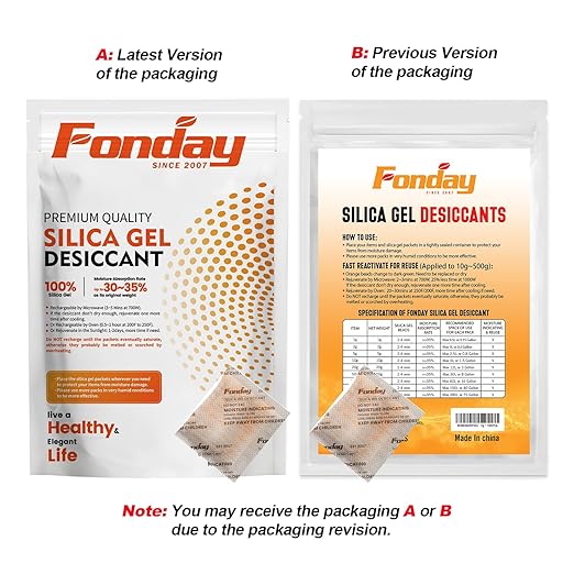 20Gram 50Packets Fonday Rechargeable Silica Gel Desiccant Packets Food Grade Fast Reactivate Desiccant Bags Moisture Indicating Orange to Green