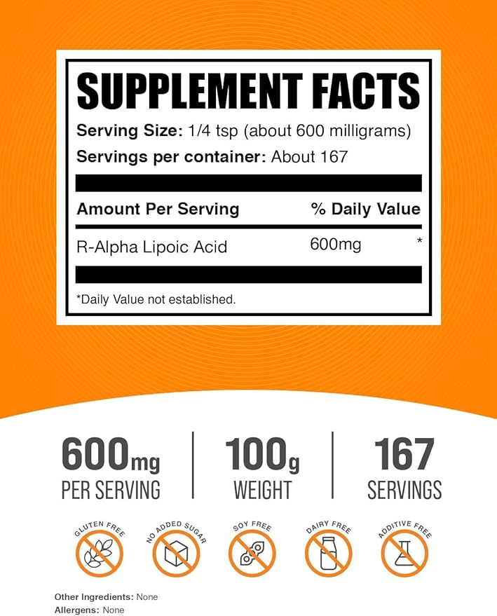 BulkSupplements.com R-Alpha Lipoic Acid Powder - R-ALA Supplement, R Alpha Lipoic Acid 200mg - Antioxidants Supplement, Gluten Free, 200mg per Serving, 100g (3.5 oz) (Pack of 1)