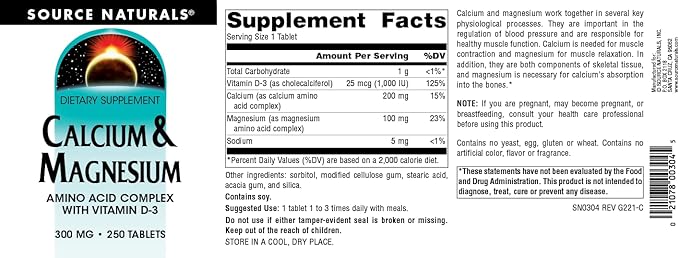 Source Naturals Calcium & Magnesium, Amino Acid Complex with Vitamin D-3, 300 MG - 250 Tablets