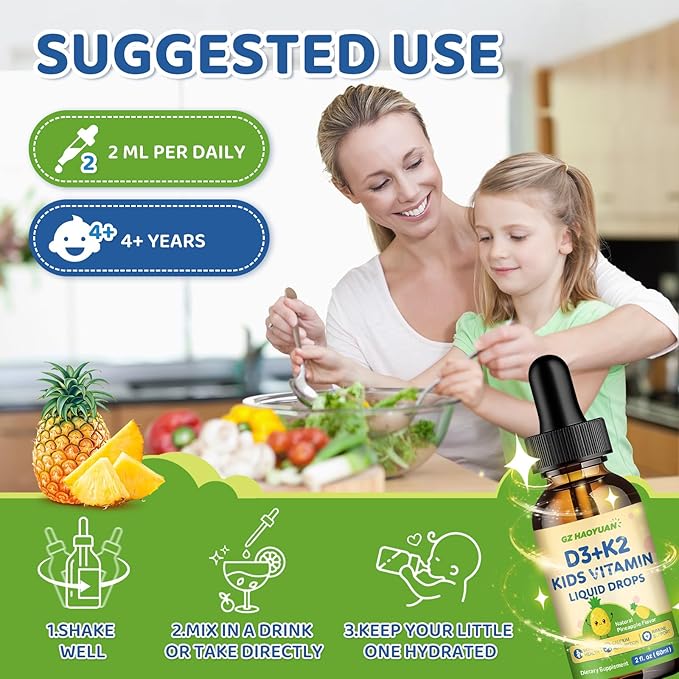 Kids Vitamin D3 K2 Drops, Vitamin D3 K2 (MK-7) Supplement with Calcium for Kids & Adults - Support Strong Bones, Teeth & Immune, Sugar Free Pineapple Flavor 2 FL OZ