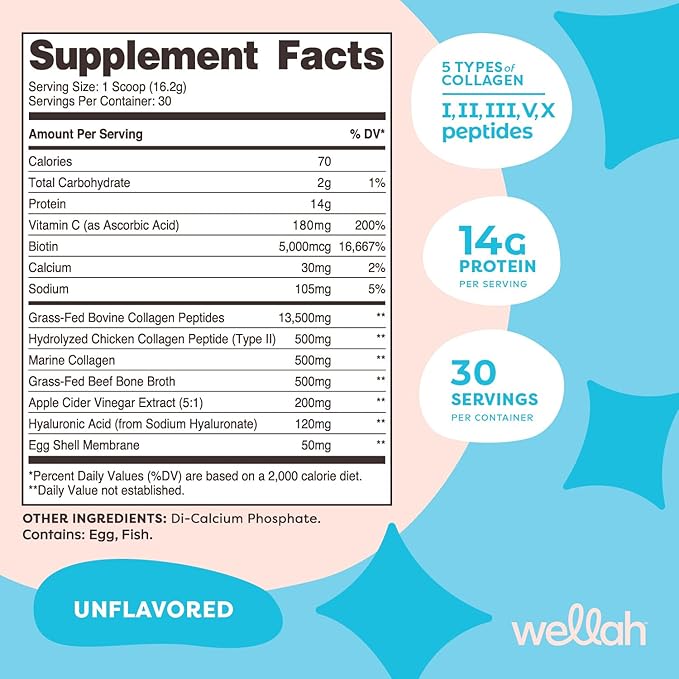 Wellah The Afterglow Multi Collagen Protein + Beauty (30 Servings, Unflavored) - Hair, Skin, Nail & Joint Support - Non-GMO and Gluten Free