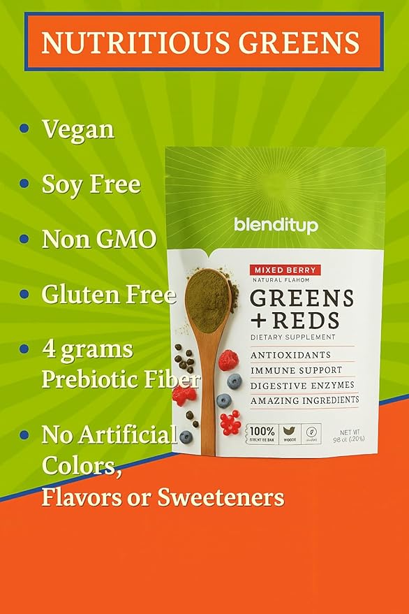 BlendItUp Super Greens & Reds | Potent Immune Support & Digestion | 30-Day Supply | Organic Vegan Greens | Helps Decrease Cortisol | Total Body Wellness | Enzyme Matrix for Optimal Absorption