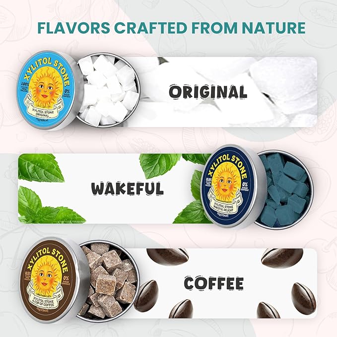 Xylitol Stone Sugar Free Candy - Vegan & Keto Friendly Unique Hard Candy - 100% Natural Flavor Candies - Gluten Free & Non-GMO Breath Freshener Mints - Pack of 3 (Original, Coffee, Wakeful Delight)