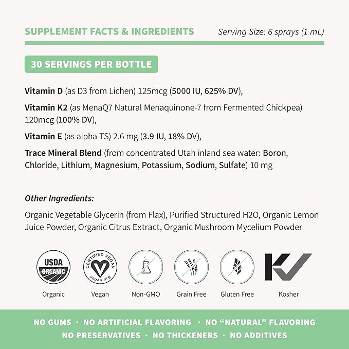 Sprout Living Organic Vitamin D3 5000 IU (Lichen) + K2 120 mcg (Chickpea) Spray for Immune Support & Bone Health | Trace Minerals with Real Lemon & Citrus Extract, Sugar Free (1 FL OZ, 30 Servings)
