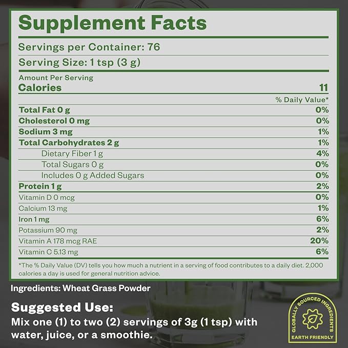 Wheatgrass Powder, 8oz, Wheat Grass Powder, Green Superfood for Salads, Smoothie and Shakes, Superfood Powder Rich in Immunity Vitamins, Fiber and Minerals, 76 Servings