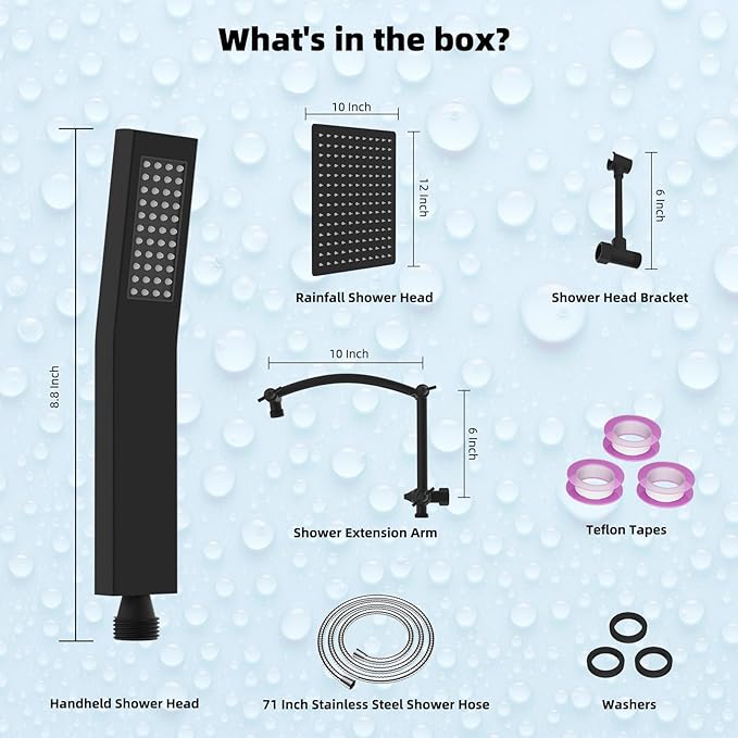 Hibbent All Metal 12'' Rainfall Shower Head, Dual Shower Head Combo, High Pressure Handheld Shower Wand, 16'' Adjustable Arc-shaped Shower Extension Arm, 71'' Hose, Showerhead Holder, Matte Black