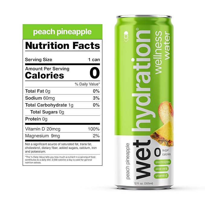 Wet Hydration, Zero Calorie, Functional Wellness Water - Peach Pineapple (12 Ounce Cans, Pack of 12) - Flavored Water, Hydration Drink, No Sugar, No Artificial Ingredients, Zero Calories (Packaging May Vary)