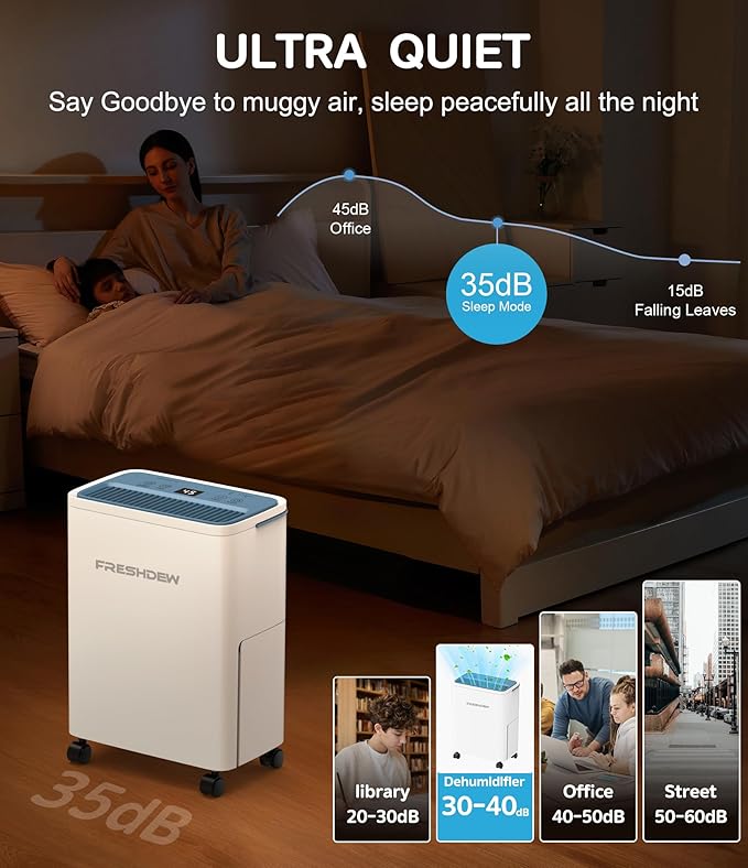 FRESHDEW Dehumidifier, 30 Pints Dehumidifiers for Home, 1500 Sq. Ft Dehumidifiers with Drain Hose, 0.52 Gallon Water Tank for Basement Bathroom Bedroom, Overflow Protection, 24H Timer (1500 Sq.ft)