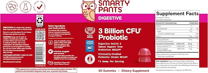 SmartyPants Adult Probiotic Gummies for Digestive Health: 3 Billion CFU, Gut Health and Immune Support Supplement, Clinically Studied Probiotic, Gluten Free, Strawberry, 30 Count (30 Day Supply)