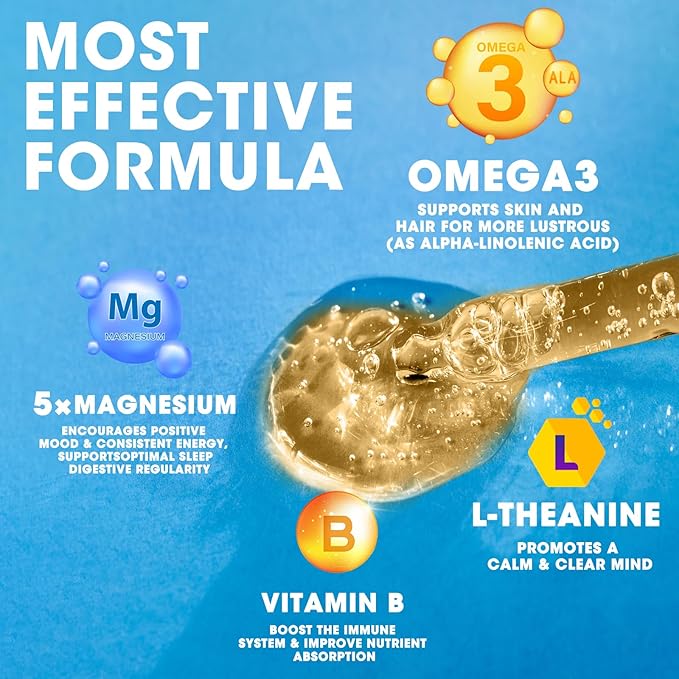 Magnesium Glycinate Liquid Drop with Citrate, Oxide and Taurate, Calm Magnesium with Omega3, L-Theanine, D3, B6, B12 for Calm, Sleep, Leg Cramps, Muscles, Energy, Sugar-Free Strawberry Flavor
