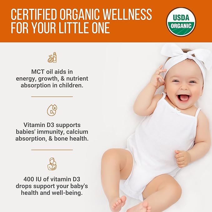 Organic Vegan 400IU, Vitamin D3, 120 Drops β Baby Drop for Infants & Toddlers | USDA Organic, Non-GMO, Plant-Based, No Additives or Preservatives, All Natural, Made in UK