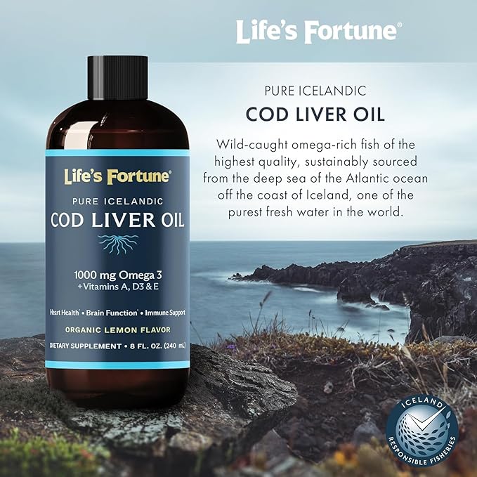 Life's Fortune Cod Liver Oil Liquid Lemon Flavor Organic Supplement with DHA, EPA 1000 mg High Potency Omega-3s + Vitamin A, E & D3 - Supports Immune, Joints, Eyes, 8 Fl Oz (Pack of 3)