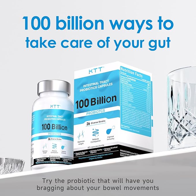 KTT Probiotics 100 Billion CFU - 26 Strains + Organic Prebiotics - Immune, Digestive & Gut Health - Supports Occasional Constipation, Diarrhea, Gas & Bloating - for Women & Men - 60ct