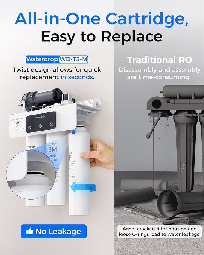 Waterdrop WD-T3-M Remineralization Reverse Osmosis Water Filter, NSF/ANSI 372 Certified, 9-Stage Undersink RO System, 450G Tankless RO Water Filtration System, 2:1 Pure to Drain, Plug-in Required