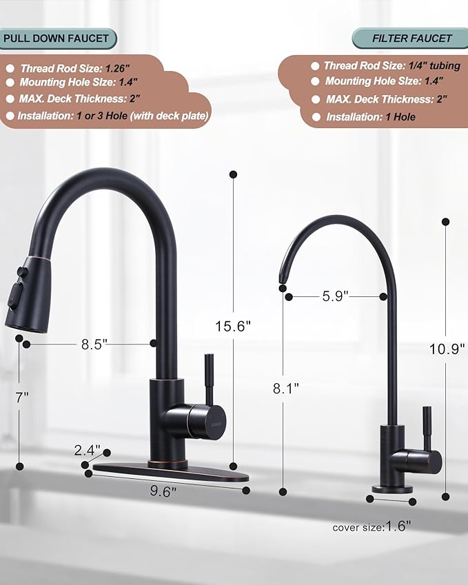 Kitchen Faucet and Water Filter Faucet Combo, WOWOW Stainless Steel Kitchen Sink Faucet with Drinking Water Faucet for Reverse Osmosis or Water Filtration System, Oil-Rubbed Bronze
