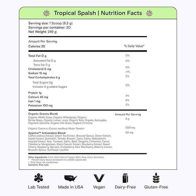 Kiala Nutrition Super Greens, Organic Greens Powder with Spirulina & Chlorella for Digestion, Gut Health, Immunity, Energy, Gluten Free, Vegan, Sugar Free, Spectra Blend, Tropical Splash, 30 Servings