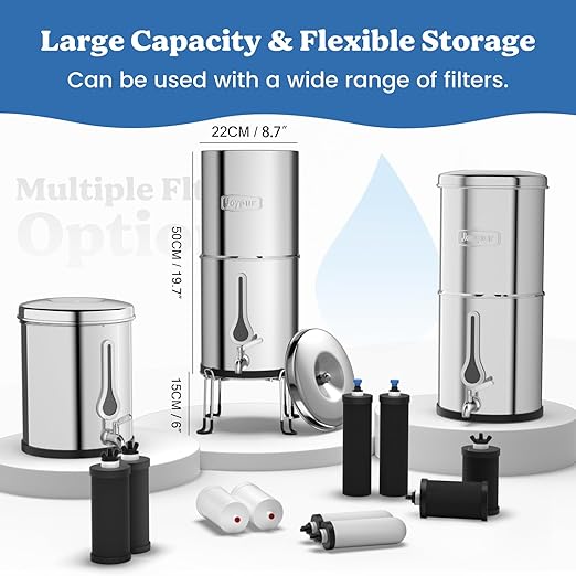 2.25G Gravity Water Filter System with New Water Level Window, 3-Stage 0.01μm Ultra-Filtration Stainless Steel Countertop System with 4 Filters Sand Stand, Reduce 99.9% Chlorine and Fluoride