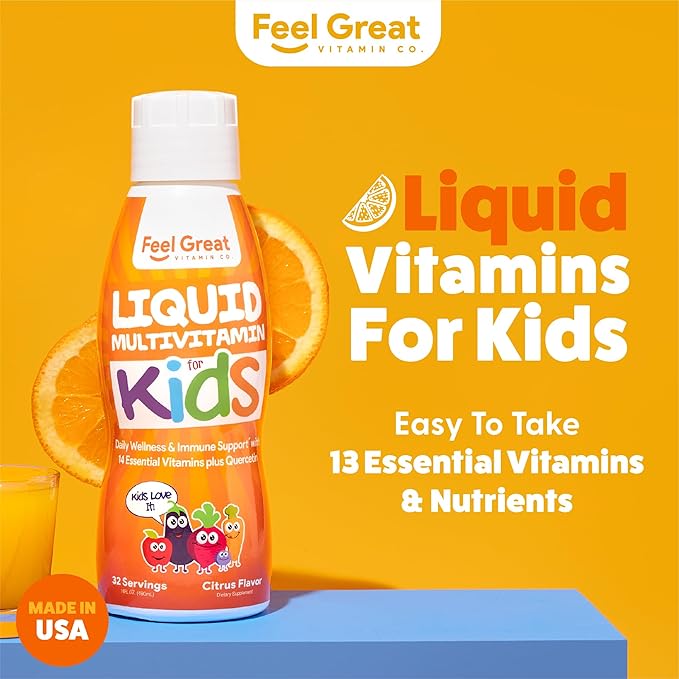 Feel Great Sugar Free Kids Multivitamin – Liquid Multivitamin | Essential Vitamins for Immune Support | Orange Flavored, Vegetarian Formula | 30 Day Supply