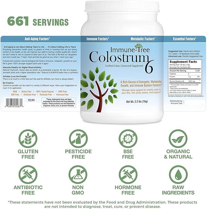 Immune Tree 100% Bovine Colostrum Powder, 661 Servings, 2.2lb (1 Kilo), Supports Anti-Aging, Healthy Immune System, Gut & Digestion, Muscles, & Wellness, Made in USA From Grass Fed, Grade A Dairy Cows