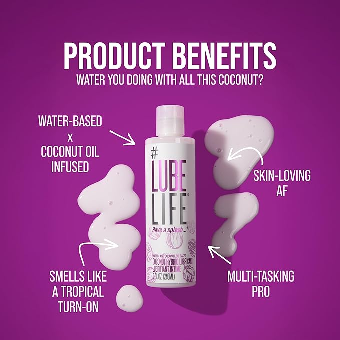 LubeLife Coconut Hybrid Lube –Water & Coconut Oil Personal Lubricant – Smooth, Skin-Safe Formula with Easy Clean for Privacy & Toys, 8 Fl Oz