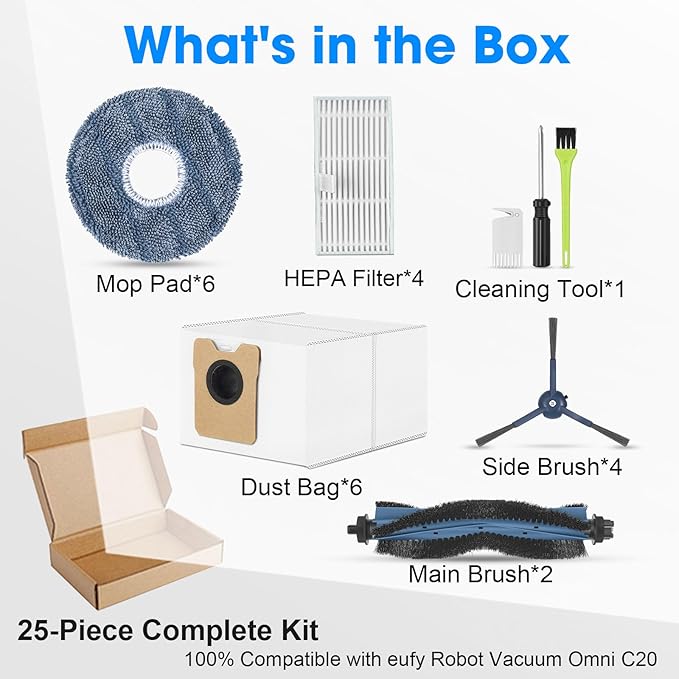 25PCS Replacement Parts for eufy Omni C20 Vacuum Cleaner Includes Main Brush, Mop Pads, HEPA Filters, Dust Bags, Side Brushes High-Performance Compatible with eufy Robot Vacuum Cleaner