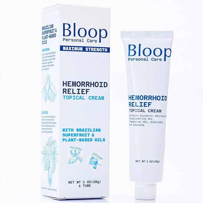 Bloop Hemorrhoid Relief Cream with Phenylephrine HCI & Pramoxine HCI, Andiroba/Copaiba Oils | Max. Strength for Pain & Inflammation (1oz)