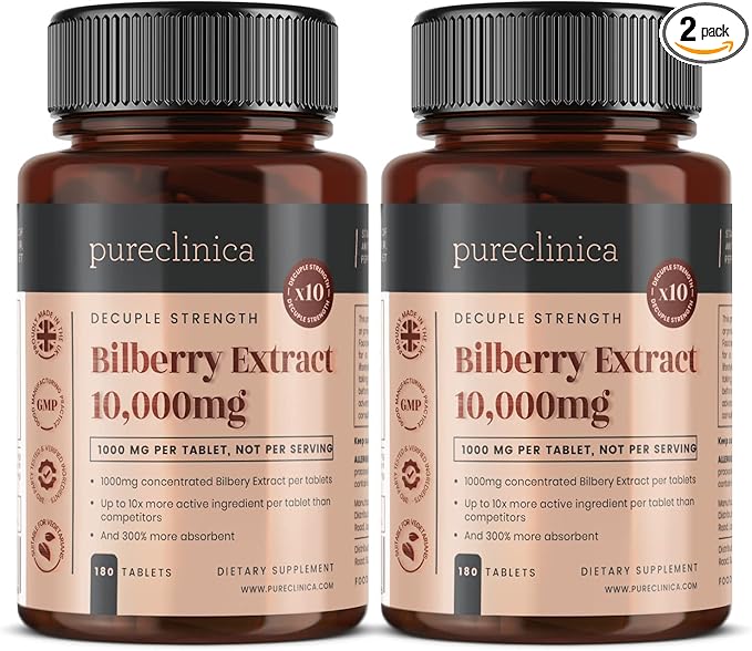 Bilberry Extract 10,000mg x 360 Tablets (2 Bottles) - 10 X More Anthocyanidins per Tablet Than Most Others - and 5mg Black Pepper Extract for 300% Increased Absorption