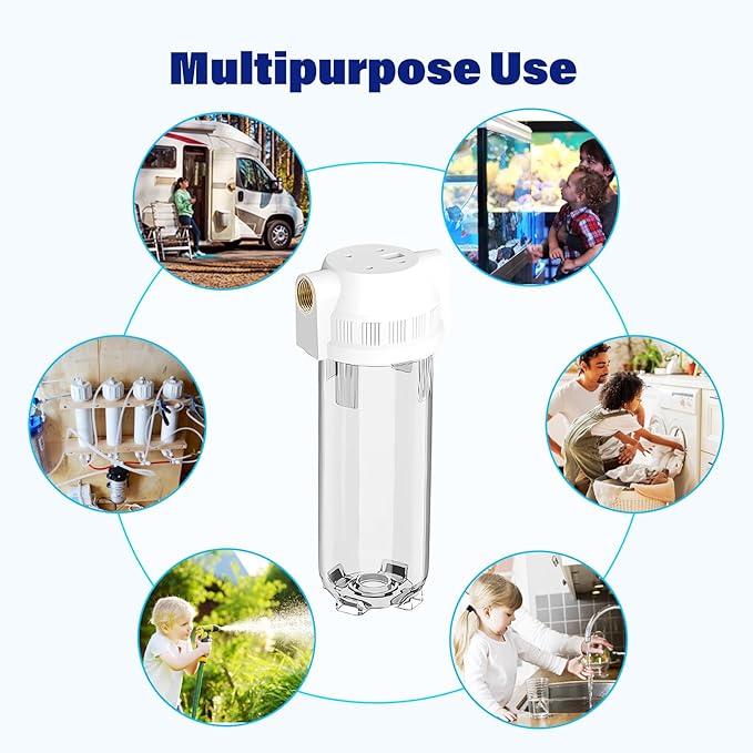 Whole House/RV Water Filter Housing Clear, 10" X 2.5" Inline Sediment Water Filter for RV, Home, Garden, Aquarium, 3/4" G Brass Port, R-Type O-Ring, Heavy Duty Bracket, with PP Filter - 1025CBP