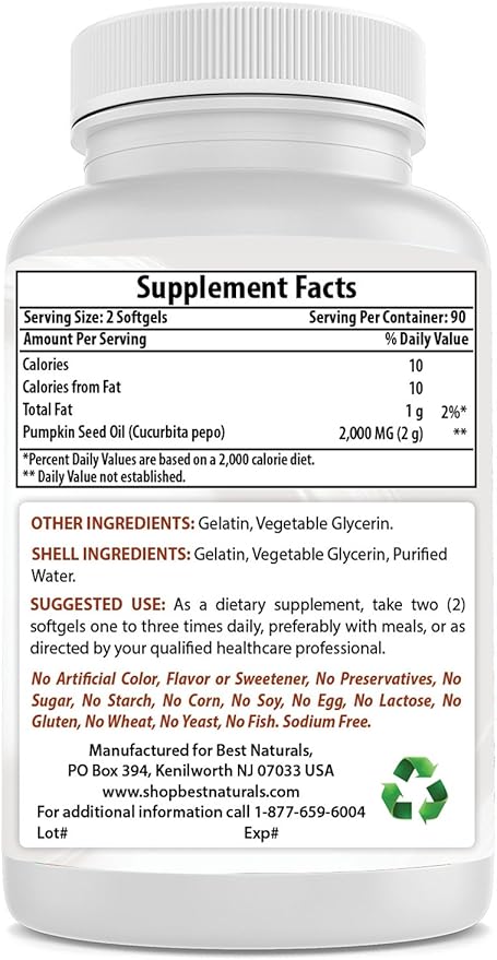 Best Naturals Pumpkin Seed Oil Bladder Control 1000 mg 180 Softgels