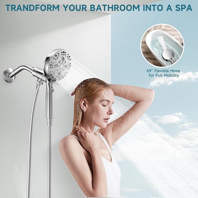 Filtered Shower Head With Handheld Combo,Detachable Dual Showerhead with Magnetic Docking,High Pressure 10" Stainless Steel Rain & 5" Handheld with Water Flow Control,69" Hose - Chrome