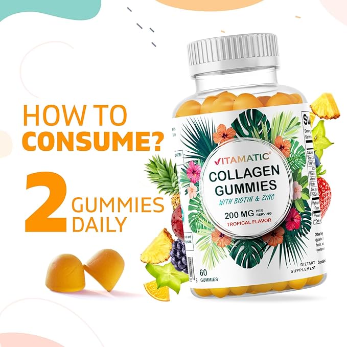 Vitamatic Hydrolyzed Collagen Gummies with Vitamin C, Zinc and Biotin, 200 mg - Healthy Skin Support - 60 Gummies